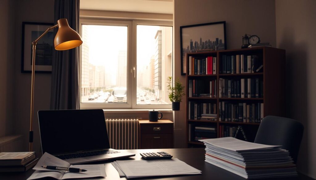A cozy office setting, softly lit by a floor lamp in the corner. In the foreground, a desk with a laptop, calculator, and a stack of financial documents. On the wall, a framed art print depicting a cityscape, symbolizing the complexities of modern finance. The middle ground features a well-stocked bookshelf, hinting at the depth of knowledge required for tax optimization. In the background, a window overlooking a bustling city street, suggesting the broader context in which these financial decisions are made. The overall mood is one of focused, professional contemplation, inviting the viewer to consider the intricacies of legal and financial planning.