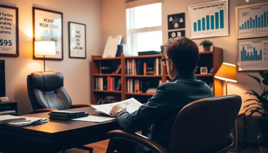 A cozy office setting with a desk, chair, and bookshelf in the background. In the foreground, a person is sitting at the desk, intently studying financial documents and papers. The lighting is warm and inviting, creating a professional yet approachable atmosphere. The walls are adorned with motivational posters and financial charts, hinting at the expertise and guidance available. The scene conveys a sense of trust, problem-solving, and a focus on finding solutions to financial challenges.