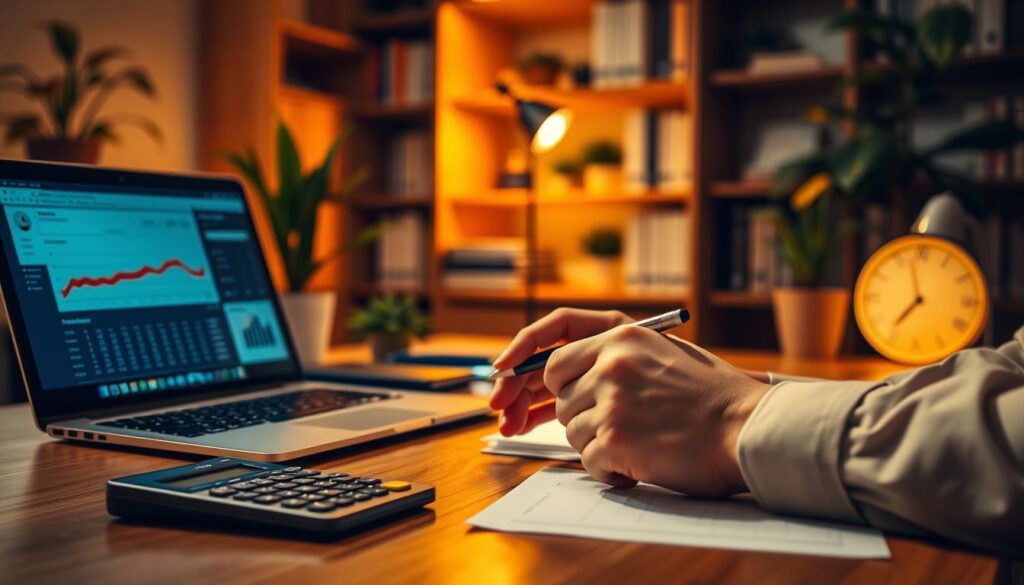 A cozy office setting with a wooden desk, a calculator, and a laptop displaying a financial dashboard. In the foreground, a person's hands are holding a pen, thoughtfully reviewing documents. Soft, warm lighting casts a contemplative mood, while the background features bookshelves and plants, creating a sense of productivity and financial expertise. The scene conveys the idea of carefully managing expenses and interest rates to optimize personal finances.