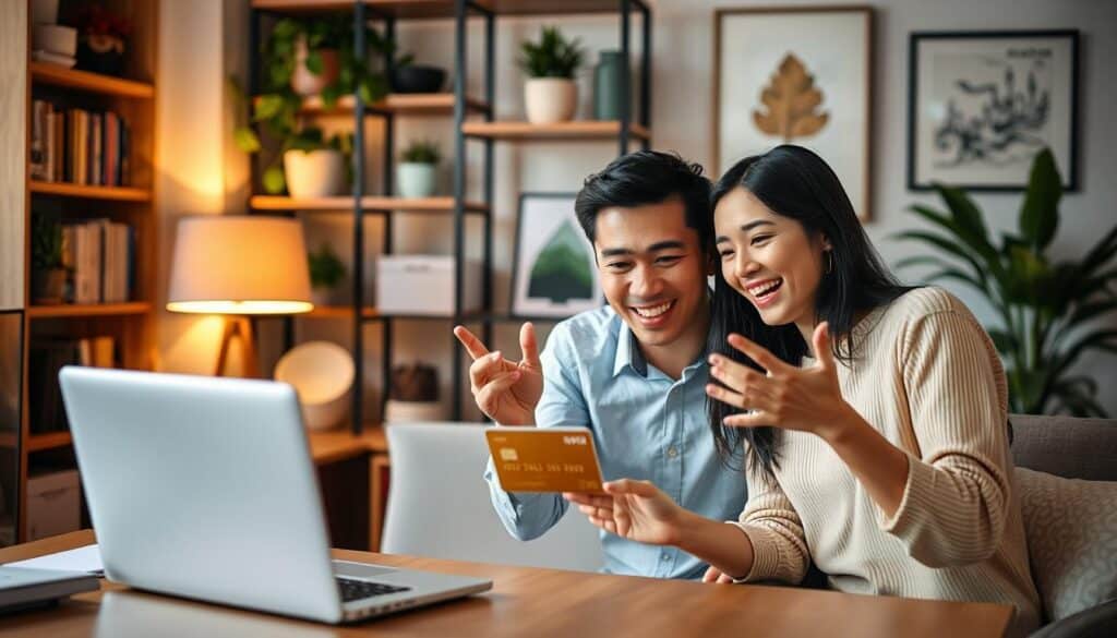 A cozy office setting with two people animatedly discussing a credit card over a laptop. In the foreground, the two individuals, one male and one female, are gesturing excitedly while examining the card's features. The background showcases a bookshelf, plants, and modern decor, creating a professional yet inviting atmosphere. Soft, warm lighting from a desk lamp casts a gentle glow, highlighting the genuine expressions and passion of the conversation. The scene conveys a sense of trust, personal experience, and the exclusive benefits of the BPI Gold card. A cozy office setting with two people animatedly discussing a credit card over a laptop. In the foreground, the two individuals, one male and one female, are gesturing excitedly while examining the card's features. The background showcases a bookshelf, plants, and modern decor, creating a professional yet inviting atmosphere. Soft, warm lighting from a desk lamp casts a gentle glow, highlighting the genuine expressions and passion of the conversation. The scene conveys a sense of trust, personal experience, and the exclusive benefits of the BPI Gold card.