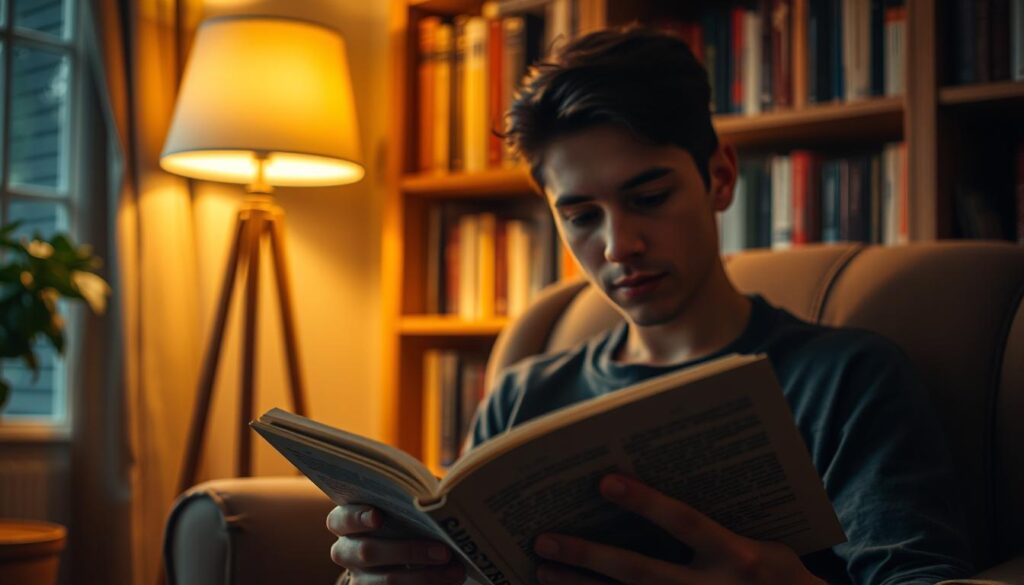 A cozy reading nook with an armchair, a floor lamp, and a bookshelf in the background. Soft, warm lighting illuminates the scene, creating a welcoming and inviting atmosphere. In the foreground, a person is intently reading a book, their expression thoughtful and engaged. The book's pages seem to come alive, hinting at the captivating stories within. The composition captures the intimate, personal nature of reading and the power of personal experiences and perspectives shared through the written word. A cozy reading nook with an armchair, a floor lamp, and a bookshelf in the background. Soft, warm lighting illuminates the scene, creating a welcoming and inviting atmosphere. In the foreground, a person is intently reading a book, their expression thoughtful and engaged. The book's pages seem to come alive, hinting at the captivating stories within. The composition captures the intimate, personal nature of reading and the power of personal experiences and perspectives shared through the written word.