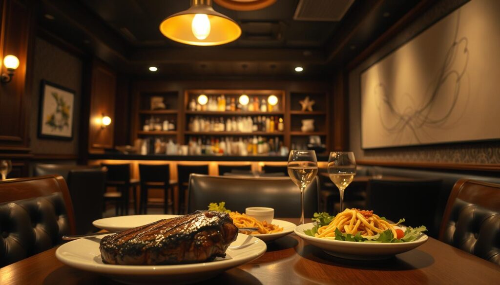 A cozy restaurant setting with a dimly lit, intimate ambiance. In the foreground, a table is set with an array of delectable dishes - a hearty steak, a steaming bowl of pasta, and a crisp salad. Overhead, a pendant light casts a warm glow, accentuating the rich textures of the wood and leather furnishings. In the middle ground, a bar with a well-stocked selection of premium liquors and craft cocktails. The background features a subtle pattern of abstract artwork, suggesting an upscale, sophisticated atmosphere. The overall scene evokes a sense of indulgence and pleasure, perfectly capturing the "dining perks" experience. A cozy restaurant setting with a dimly lit, intimate ambiance. In the foreground, a table is set with an array of delectable dishes - a hearty steak, a steaming bowl of pasta, and a crisp salad. Overhead, a pendant light casts a warm glow, accentuating the rich textures of the wood and leather furnishings. In the middle ground, a bar with a well-stocked selection of premium liquors and craft cocktails. The background features a subtle pattern of abstract artwork, suggesting an upscale, sophisticated atmosphere. The overall scene evokes a sense of indulgence and pleasure, perfectly capturing the "dining perks" experience.