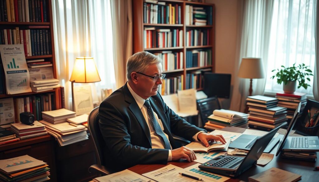 A cozy study with warm lighting, featuring a cluttered desk covered in financial documents, a laptop, and a calculator. In the foreground, a person in a business suit sits deep in thought, surrounded by various graphs, charts, and financial reports. The background shows bookshelves filled with accounting and tax planning resources, creating an atmosphere of focused financial planning. The overall scene conveys a sense of diligent tax optimization, with attention to detail and careful consideration of financial matters.