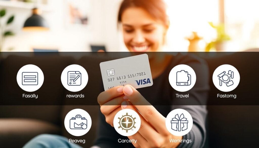 A cozy, welcoming scene showcasing the various benefits of a free credit card. In the foreground, a person holds the card, examining its features with a pleased expression. The middle ground displays a selection of icons representing different perks like cashback, rewards, and travel benefits. The background depicts a modern, well-lit office space, suggesting the versatility of the card in professional and personal settings. Warm, natural lighting casts a soft glow, creating an inviting atmosphere. The composition is balanced, with the card and icons arranged in a visually appealing layout that draws the viewer's attention to the card's advantages.