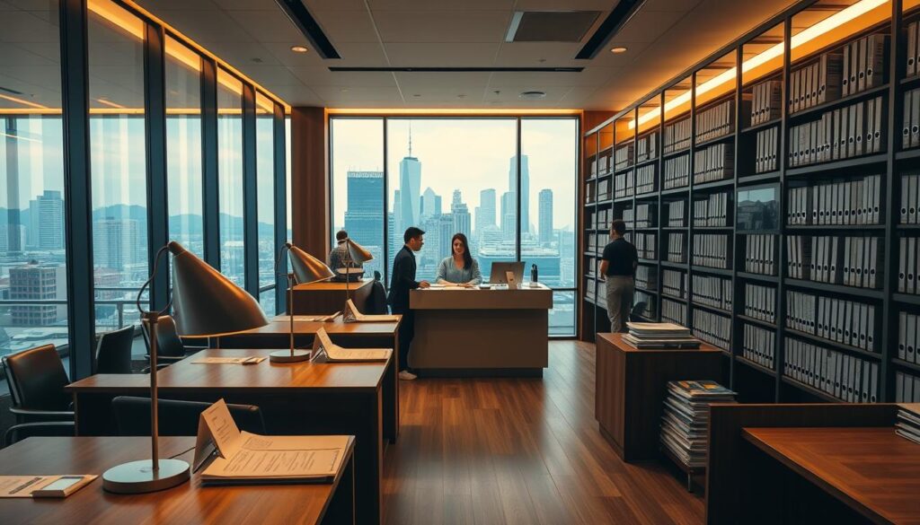 A cozy, well-lit banking hall with a sleek, modern aesthetic. In the foreground, a row of wooden desks with elegant, minimalist desk lamps and a variety of banking documents neatly arranged. Behind them, a wall of glass panels offers a panoramic view of a bustling city skyline. The lighting is warm and inviting, creating a sense of professionalism and financial security. In the middle ground, a central counter with a friendly bank teller assisting customers, their faces obscured to protect their privacy. The background features a series of sturdy, steel-framed shelves filled with neatly organized binders and files, conveying a sense of order and efficiency. The overall atmosphere is one of trust, reliability, and financial well-being.