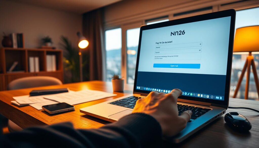 A cozy, well-lit home office setting with a laptop, smartphone, and documents on a wooden desk. The lighting is warm and inviting, creating a sense of productivity and focus. In the background, a large window overlooks a city skyline, hinting at the global reach of the N26 banking service. The foreground features a hand filling out an online application form on the laptop screen, conveying the ease and convenience of opening an N26 account in Austria. The overall atmosphere is one of professionalism, technology, and a modern, international lifestyle.