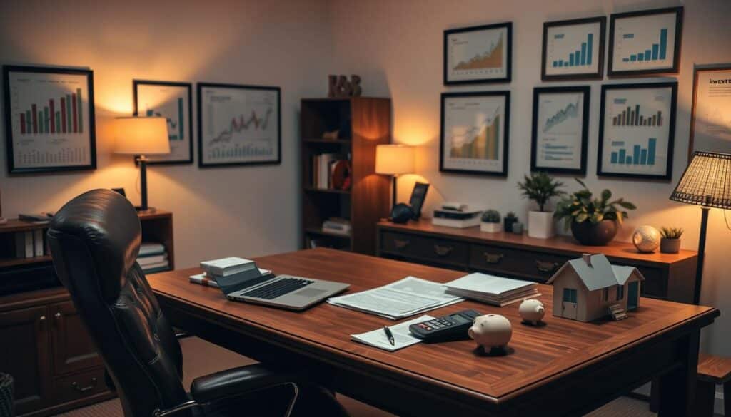 A cozy, well-lit home office setting, with a large wooden desk and a comfortable leather chair. On the desk, a laptop, some financial documents, and a variety of investment-related objects such as a calculator, a piggy bank, and a small model of a house. The walls are adorned with framed financial charts and graphs, creating an atmosphere of financial expertise and success. Soft, warm lighting illuminates the scene, casting a subtle glow over the space. The overall mood is one of focus, diligence, and the pursuit of financial stability and growth.