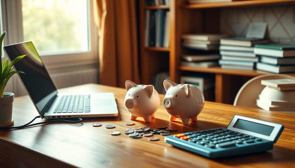 A cozy, well-lit home office with a wooden desk, a laptop, and a stack of books. On the desk, a piggy bank, coins, and a calculator, symbolizing the start of building an emergency fund. The room has a warm, inviting atmosphere, with natural light streaming in through a window, casting a soft glow on the scene. The overall composition conveys a sense of organization, financial responsibility, and a proactive approach to personal finance in the Philippines.