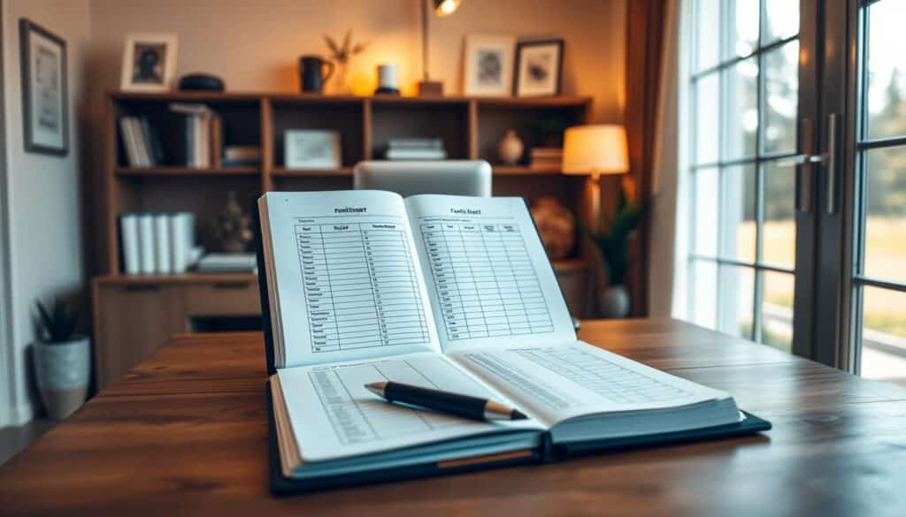 A cozy, well-lit home office with a wooden desk showcasing a family budget book, surrounded by warm lighting and minimalist decor. The book is open, revealing neatly organized financial records, with a pen nearby, symbolizing collaborative financial management between family members. The room exudes a sense of order and diligence, encouraging thoughtful budgeting and financial responsibility. A large window in the background provides natural light, creating a serene and productive atmosphere.