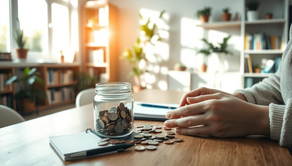 A cozy, well-lit interior with natural light streaming through a large window, illuminating a table adorned with a glass jar filled with coins, a small notebook, and a pen. In the foreground, a pair of hands carefully counting the coins, conveying the act of diligent saving. The background features bookshelves, potted plants, and a sense of tranquility, evoking a comfortable, home-like setting that encourages financial prudence and long-term planning.