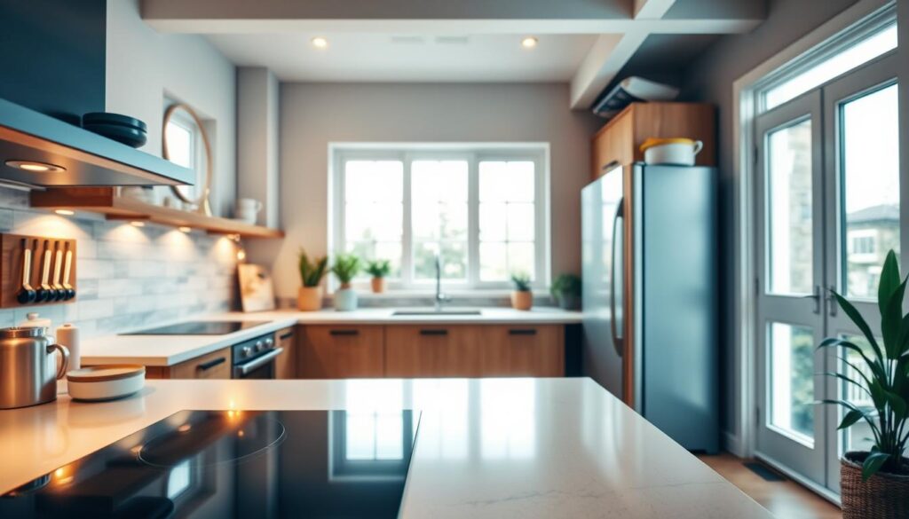 A cozy, well-lit modern kitchen interior with an emphasis on energy-efficient appliances and fixtures. In the foreground, a sleek induction cooktop and an energy-efficient refrigerator stand out. The middle ground features a large window that fills the space with natural light, complemented by warm, indirect lighting. The background showcases efficient insulation, double-glazed windows, and smart home controls that optimize energy usage. The overall atmosphere conveys a sense of comfort, functionality, and environmental consciousness, reflecting the theme of smart housing decisions for better personal finances.