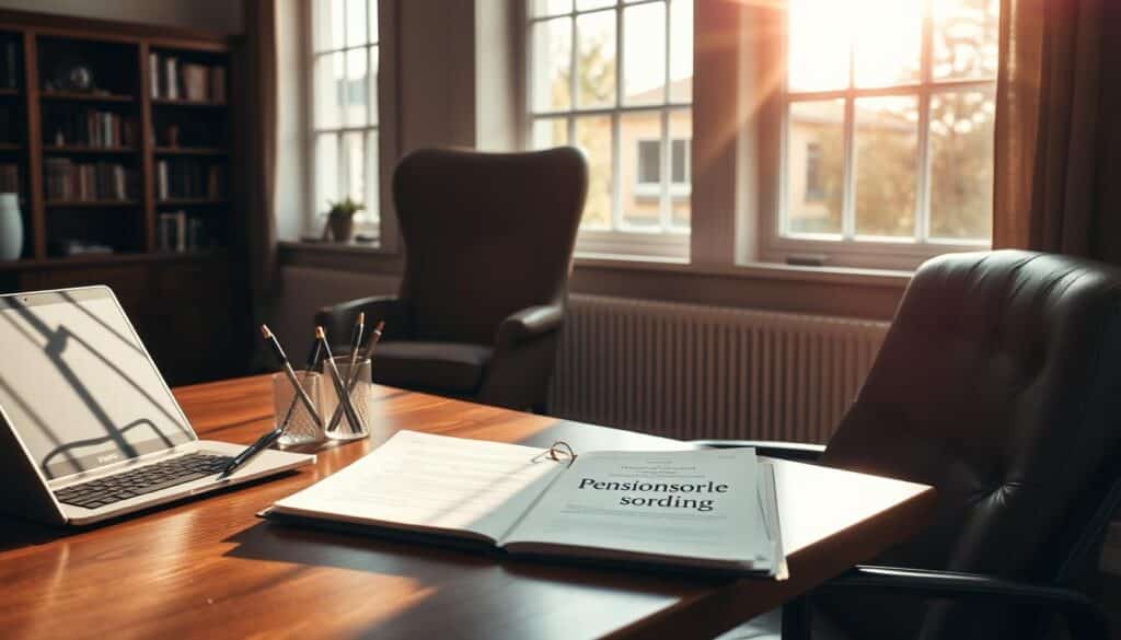 A cozy, well-lit office interior with a wooden desk, a comfortable leather chair, and a bookshelf in the background. On the desk, a laptop, a pen holder, and an open folder revealing documents labeled "Pensionsordning". Warm afternoon sunlight streams through large windows, casting a soft glow on the scene. The atmosphere is one of thoughtful contemplation, as the viewer imagines themselves carefully considering their pension plan options. The composition emphasizes the importance of the pension decision, inviting the viewer to imagine themselves in this scenario, making informed choices for a secure financial future.