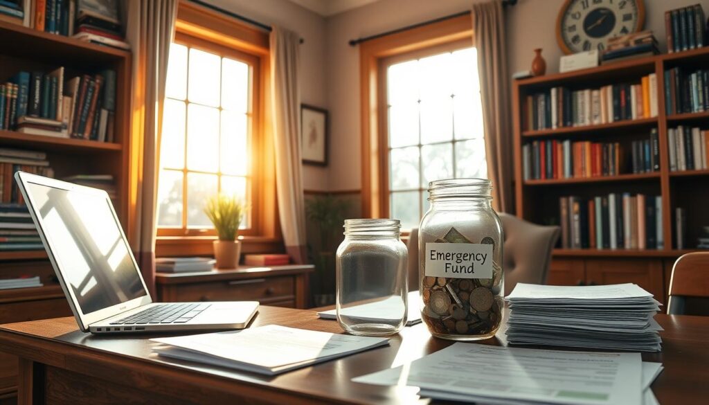 A cozy, well-organized home office with a sturdy wooden desk, a laptop, and a stack of financial documents. The room is bathed in warm, natural lighting from a large window, casting a soft glow over the scene. On the desk, a glass jar labeled "Emergency Fund" sits prominently, symbolizing the importance of a financial safety net. Bookshelves line the walls, filled with personal finance guides and reference materials. The overall atmosphere is one of productivity, security, and prudent money management.