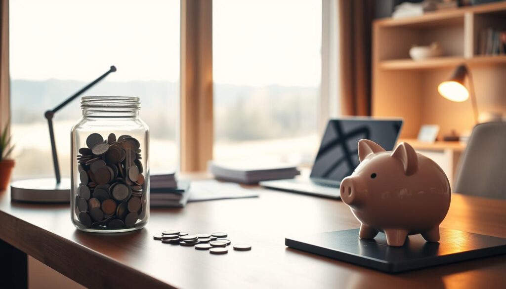 A cozy, well-organized home office with a wooden desk, a glass jar filled with coins, and a piggy bank on the side. Warm, indirect lighting creates a serene atmosphere, highlighting the importance of building a financial safety net. The desk is adorned with a stylish lamp, a neat stack of papers, and a laptop computer, conveying a sense of productivity and responsible money management. The background features a large window overlooking a tranquil, natural landscape, symbolizing the peace of mind that comes with a well-stocked emergency fund. The overall scene conveys a message of financial security and the importance of prioritizing personal savings.