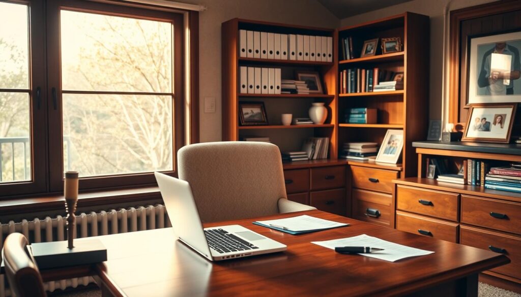 A cozy, well-organized home office with a wooden desk, comfortable office chair, and shelves displaying financial documents, books, and a family photo. Warm, natural lighting filters through large windows, casting a soft glow on the scene. A laptop, calculator, and pen rest on the desk, suggesting ongoing financial planning. The atmosphere conveys a sense of security, stability, and careful attention to personal finances during important life stages. A cozy, well-organized home office with a wooden desk, comfortable office chair, and shelves displaying financial documents, books, and a family photo. Warm, natural lighting filters through large windows, casting a soft glow on the scene. A laptop, calculator, and pen rest on the desk, suggesting ongoing financial planning. The atmosphere conveys a sense of security, stability, and careful attention to personal finances during important life stages.