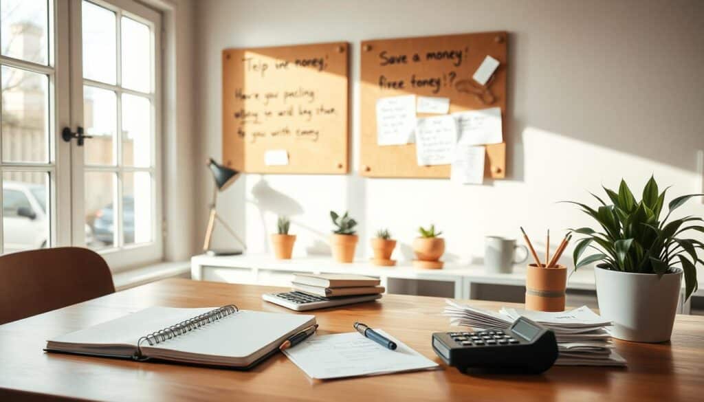 A cozy, well-organized home office with natural light filtering through large windows. On the desk, an array of practical everyday items - a notebook, a pen, a calculator, and some neatly stacked receipts. A cork board on the wall displays handwritten tips and notes on saving money. Potted plants and minimal decor create a calming, focused atmosphere. The lighting is soft and warm, creating a sense of efficiency and productivity. The overall composition suggests a thoughtful, disciplined approach to personal finance and everyday cost-saving.
