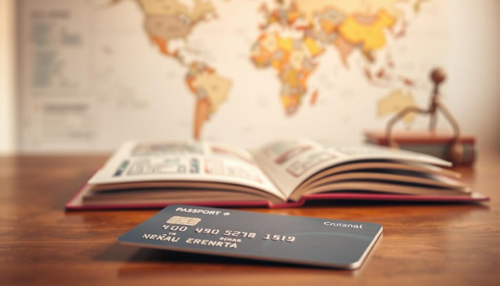A credit card in the foreground, resting on a wooden table. The card is slightly angled, showcasing its sleek design and branding. The middle ground depicts an open passport, its pages turning to reveal stamps and visas from various countries. In the background, a blurred world map hangs on the wall, hinting at the card's global versatility. Soft, warm lighting bathes the scene, creating a sense of travel and international experience. The overall composition evokes the convenience and security of using a credit card while exploring the world. A credit card in the foreground, resting on a wooden table. The card is slightly angled, showcasing its sleek design and branding. The middle ground depicts an open passport, its pages turning to reveal stamps and visas from various countries. In the background, a blurred world map hangs on the wall, hinting at the card's global versatility. Soft, warm lighting bathes the scene, creating a sense of travel and international experience. The overall composition evokes the convenience and security of using a credit card while exploring the world.