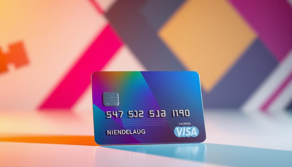 A credit card welcome bonus illustration depicting a sleek metal card with a vibrant, colorful design. The card is positioned prominently in the foreground, bathed in warm, directional lighting that casts dynamic shadows. Behind the card, a blurred, abstract background features geometric patterns and gradients in complementary hues, evoking a sense of financial modernity and sophistication. The overall composition conveys the allure and excitement of earning rewards and perks when opening a new credit card account.