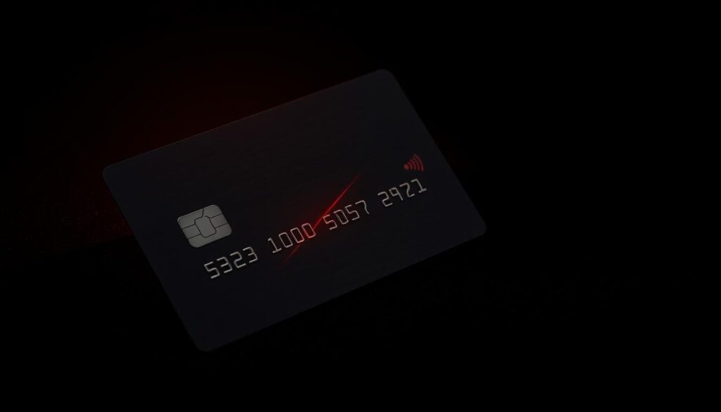 A credit card with a red limit indicator glowing against a dark, textured background. The card is slightly angled, casting subtle shadows that give it depth and dimension. The design is sleek and minimalist, with sharp edges and a metallic finish that reflects the surrounding light. The overall mood is one of caution and restraint, hinting at the importance of understanding and managing one's credit card limits.