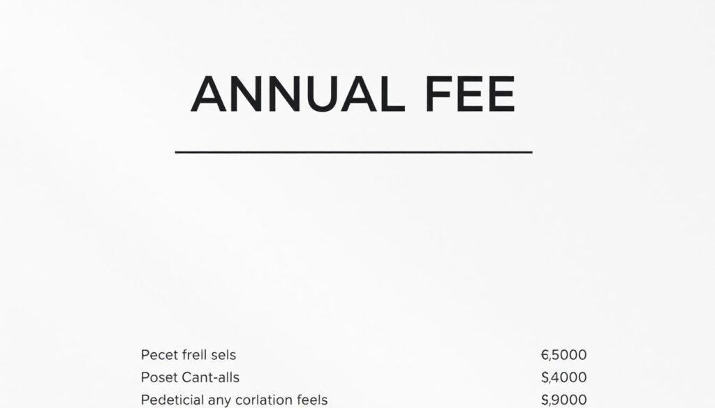 A crisp, clean document with a prominent "ANNUAL FEE" header centered at the top, rendered in a sleek, minimalist font. Underneath, a succinct breakdown of relevant fees, perhaps displayed in a clear, tabular format. The background should be a neutral, slightly textured paper-like surface, with soft shadows and highlights to create a sense of depth and dimension. The overall aesthetic should convey a professional, financial tone, designed to clearly communicate the key information to the reader.