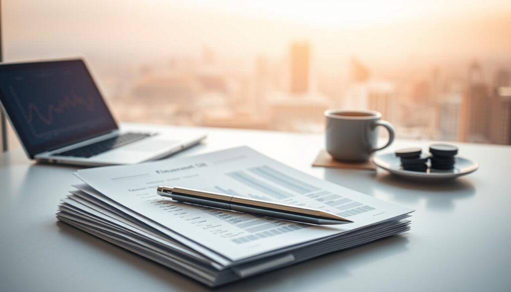 A crisp, clean financial report against a soft, muted background. In the foreground, a stack of neatly organized documents and a pen resting atop them, conveying a sense of order and attention to detail. The middle ground features a modern, minimalist desk with a laptop, calculator, and a stylish cup of coffee, suggesting a professional, productive workspace. The background is a tranquil, blurred cityscape, hinting at the broader financial landscape. Warm, natural lighting casts a gentle glow, creating a serene and contemplative atmosphere. The overall composition should inspire confidence, thoughtfulness, and a feeling of sound financial guidance.