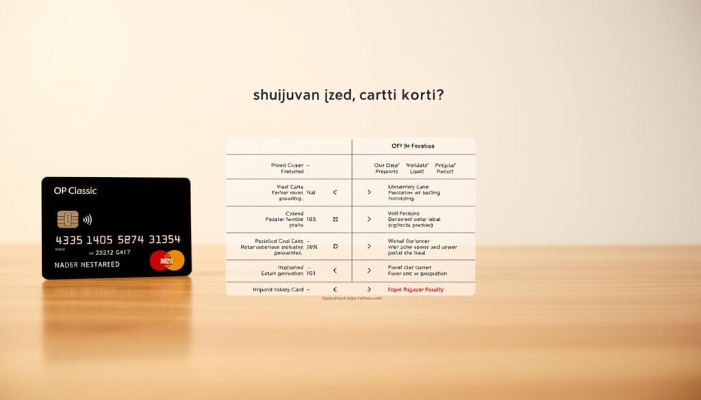 A crisp, cleanly designed comparison of credit cards, highlighting the distinct features and benefits of OP Classic. In the foreground, the cards are displayed with thoughtful attention to detail, their sleek surfaces reflecting warm, soft lighting. The middle ground showcases a minimalist infographic, elegantly illustrating the key differences between OP Classic and other popular card options. The background maintains a sense of balance and simplicity, allowing the cards and infographic to take center stage. The overall mood is one of professionalism, reliability, and a streamlined user experience - qualities that resonate with the "sujuvan arjen kortti" theme. A crisp, cleanly designed comparison of credit cards, highlighting the distinct features and benefits of OP Classic. In the foreground, the cards are displayed with thoughtful attention to detail, their sleek surfaces reflecting warm, soft lighting. The middle ground showcases a minimalist infographic, elegantly illustrating the key differences between OP Classic and other popular card options. The background maintains a sense of balance and simplicity, allowing the cards and infographic to take center stage. The overall mood is one of professionalism, reliability, and a streamlined user experience - qualities that resonate with the "sujuvan arjen kortti" theme.