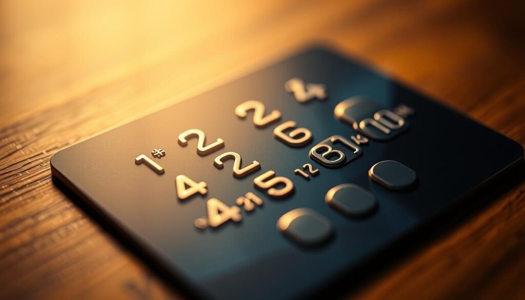 A crisp, close-up image of a credit card with a numeric PIN-code keypad overlay, illuminated by warm, directional lighting that casts subtle shadows, creating a sense of depth and tactility. The keypad buttons are depicted with precise detail, conveying the secure and protected nature of the card's access controls. The background is softly blurred, keeping the focus on the central card and keypad interface. The overall mood is one of technological sophistication and personal financial safeguarding.