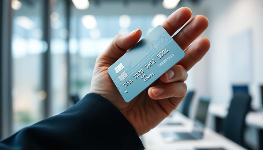 A crisp, high-resolution image of a person's hand securely holding a credit card, shot from a low angle with a shallow depth of field. The card's surface reflects the lighting, revealing its embossed design and details. The background is blurred, but suggests a modern, minimalist office or workspace setting. The overall tone is one of focus, control, and responsible financial management.