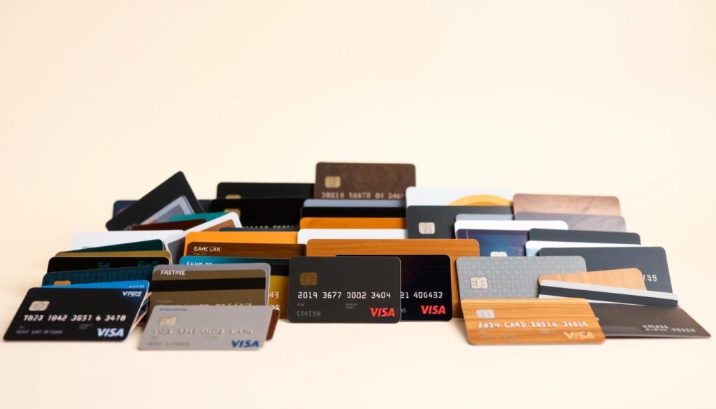 A crisp, well-lit photograph showcasing various types of bank cards against a clean, minimalist background. In the foreground, a collection of credit, debit, and prepaid cards in different shapes, sizes, and materials - plastic, metal, and even wood. Varying colors and designs highlight the diversity of card styles. In the middle ground, the cards are arranged in an orderly, visually appealing manner, creating a sense of harmony. The background is a simple, neutral tone, allowing the cards to take center stage. The lighting is soft and diffused, creating a warm, inviting atmosphere that accentuates the textures and details of the cards. The overall composition is balanced, drawing the viewer's attention to the unique characteristics of each card type.