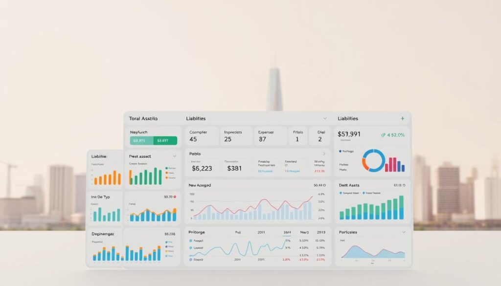 A crisp, well-organized financial dashboard displaying a balanced portfolio of assets and liabilities. In the foreground, a clean interface showcases key financial metrics, with interactive visualizations and intuitive controls. The middle ground features a comprehensive overview of income streams, expenses, and debt management tools. In the background, a minimalist cityscape sets the stage, conveying a sense of stability and progress. Soft, warm lighting casts a professional, reassuring atmosphere, while a slightly elevated camera angle provides an empowering perspective. The overall composition emphasizes the importance of holistic financial planning and the insights needed to achieve long-term financial success.