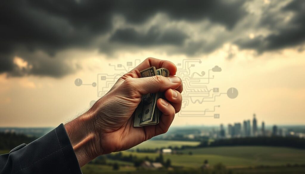 A dark and ominous cloud of uncertainty looms over a serene landscape, casting shadows of financial risk and instability. In the foreground, a weathered hand grasps a pensioner's retirement funds, symbolizing the precarious nature of pension planning. The middle ground features a maze of complex financial instruments and data visualizations, representing the intricate web of factors that can impact retirement security. In the background, a distant city skyline stands as a stark reminder of the broader economic landscape that pensioners must navigate. The scene is rendered in a muted, somber palette, creating a sense of unease and foreboding, capturing the essence of "pensijų rizikos" - the risks and challenges facing retirement planning.