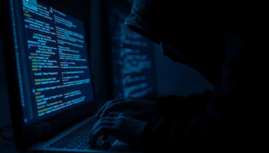 A dark, shadowy figure hunched over a computer, their hands swiftly navigating through lines of code. In the background, credit card icons and financial data flicker ominously on the screen, hinting at the theft of sensitive information. The scene is bathed in an eerie, blue-tinted light, creating a sense of unease and danger. The composition emphasizes the vulnerability of the victim, with the intruder's face obscured, heightening the sense of menace and the violation of privacy. The overall atmosphere conveys the risks and consequences of credit card fraud and data breaches.