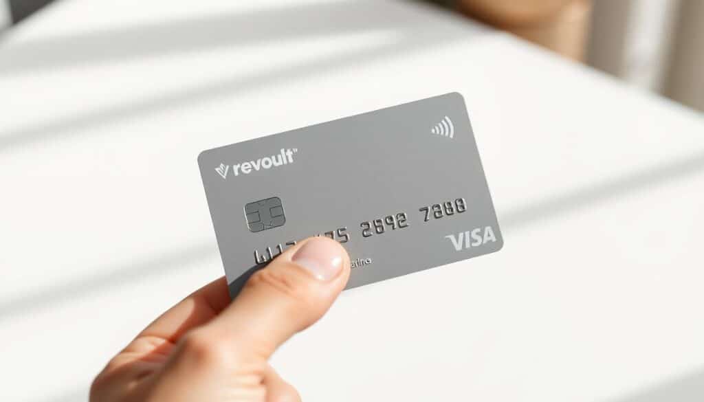 A detailed and sleek image of a physical Revolut payment card held in the foreground, capturing the front and back sides in high resolution. The card is placed on a clean, minimalist surface, perhaps a white tabletop or flat plane, allowing the card's design and features to be the focal point. The lighting is soft and natural, accentuating the card's materials and textures. The background is subtly blurred, keeping the attention on the card itself. The overall composition and styling convey a sense of sophistication, ease of use, and the premium quality of the Revolut card, reflecting the steps to order it in France.