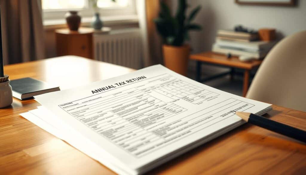 A detailed and well-organized annual tax return document, resting on a wooden desk against a backdrop of a cozy home office. The document is illuminated by warm, diffused lighting, casting subtle shadows and highlighting the crisp, official-looking paperwork. The scene conveys a sense of careful financial planning and organization, with the tax return being the focal point, surrounded by minimal, tasteful decor elements that suggest a professional, yet inviting atmosphere.