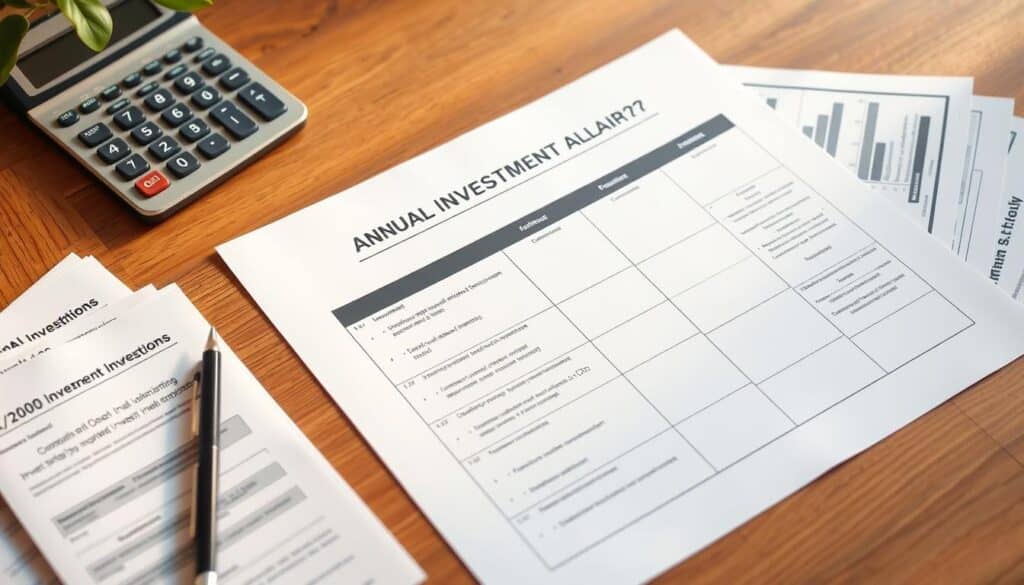 A detailed annual investment plan laid out on a wooden table, with a pen, calculator, and financial documents neatly arranged. The plan is presented in a clean, minimalist style with a focus on practical steps and easy-to-follow guidelines. Soft, warm lighting casts a natural glow, creating a serene and professional atmosphere. The overall composition conveys a sense of organization, clarity, and a thoughtful approach to personal finance and investment strategies.