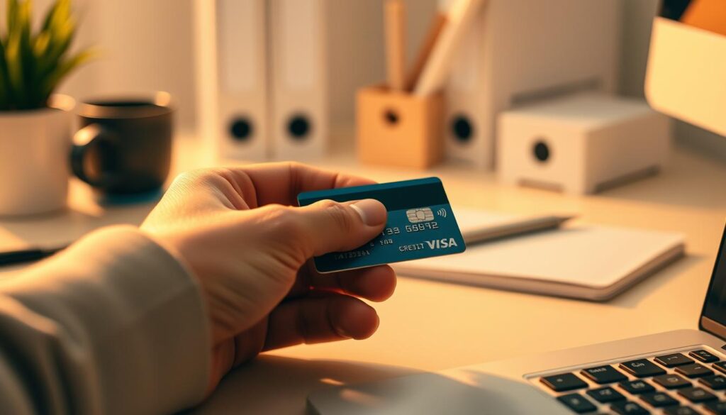A detailed close-up of a person's hand carefully managing a credit card, surrounded by a minimalist, organized desktop workspace. The scene is bathed in warm, soft lighting, creating a focused and thoughtful atmosphere. The credit card is the central focus, with the person's fingers delicately handling it, conveying a sense of responsible financial management. The background is subtly blurred, drawing attention to the credit card and the hand's actions. The overall composition suggests a balanced, disciplined approach to personal finance. A detailed close-up of a person's hand carefully managing a credit card, surrounded by a minimalist, organized desktop workspace. The scene is bathed in warm, soft lighting, creating a focused and thoughtful atmosphere. The credit card is the central focus, with the person's fingers delicately handling it, conveying a sense of responsible financial management. The background is subtly blurred, drawing attention to the credit card and the hand's actions. The overall composition suggests a balanced, disciplined approach to personal finance.