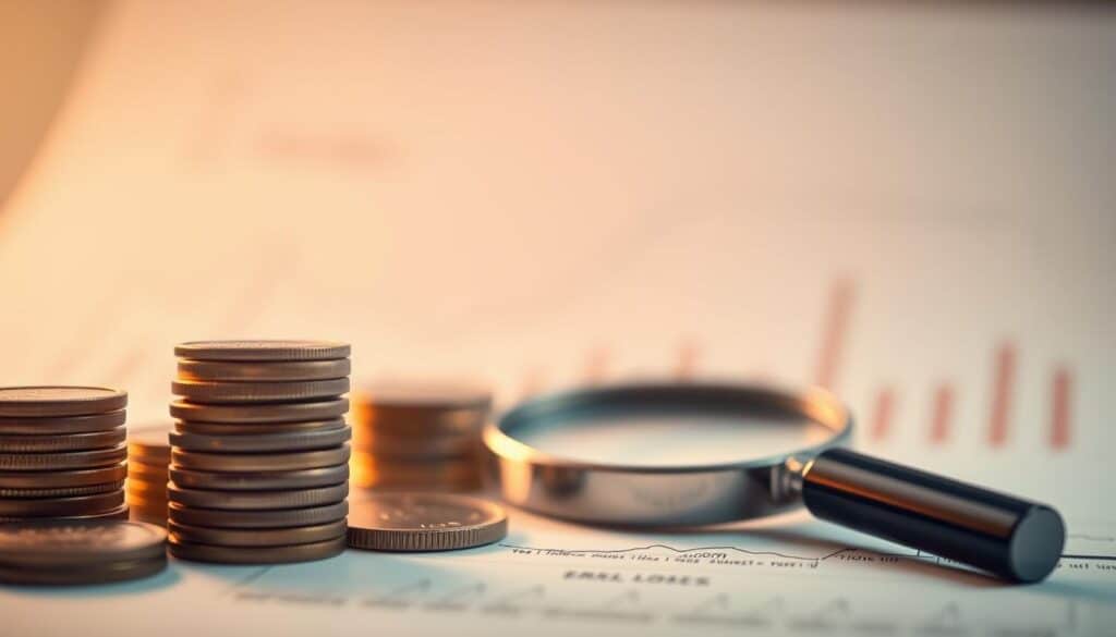 A detailed close-up of personal finance concepts, conveyed through a minimalist, elegant composition. In the foreground, a stack of coins and a magnifying glass, symbolizing the scrutiny and careful management of one's finances. The middle ground features stylized graph lines and financial charts, rendered in muted tones that evoke a sense of careful analysis. The background is a soft, blurred gradient, lending an air of professionalism and sophistication. Warm lighting from the side creates depth and highlights the key elements, while a shallow depth of field draws the viewer's attention to the central financial tools. The overall mood is one of thoughtful contemplation and responsible financial stewardship.