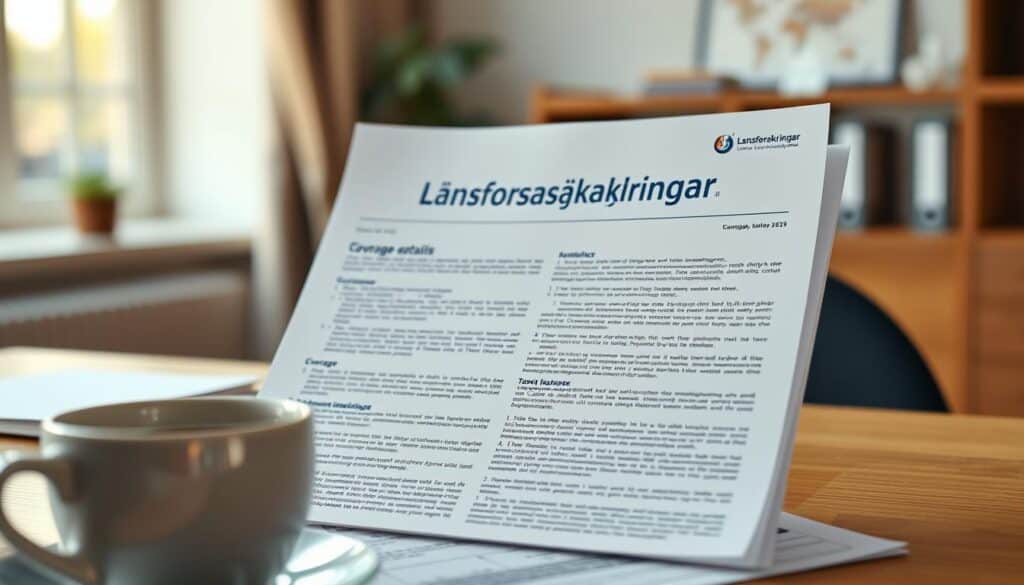 A detailed close-up view of a travel insurance policy from Länsförsäkringar, captured in a high-resolution, photorealistic style. The policy document is displayed prominently in the center, its pages open to reveal the coverage details. The background is a soft, blurred office environment, with a wooden desk and a cup of coffee in the foreground, creating a professional and authoritative atmosphere. The lighting is warm and natural, cast from a window to the side, highlighting the texture of the policy paper and creating subtle shadows. The overall composition emphasizes the importance and trustworthiness of the Länsförsäkringar brand and the comprehensive nature of the travel insurance policy.