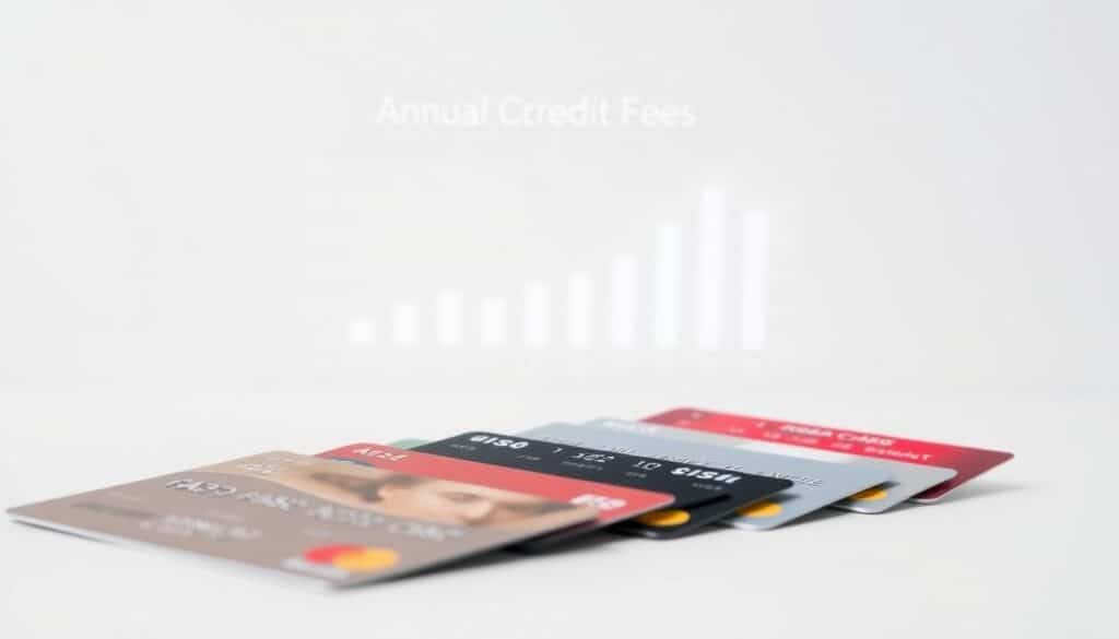A detailed comparison of annual credit card fees, displayed on a sleek, minimalist interface. The foreground features a series of credit cards arranged neatly, with their respective fees prominently displayed. The middle ground showcases a clean, modern data visualization, perhaps a bar graph or line chart, highlighting the differences in annual fees across various card types. The background maintains a neutral, elegant tone, emphasizing the importance of this financial information. The overall mood is one of clarity and informed decision-making, guiding the viewer to make a well-informed choice when selecting a credit card. Lighting is soft and even, with a subtle hint of reflections on the card surfaces, creating a sense of depth and materiality.