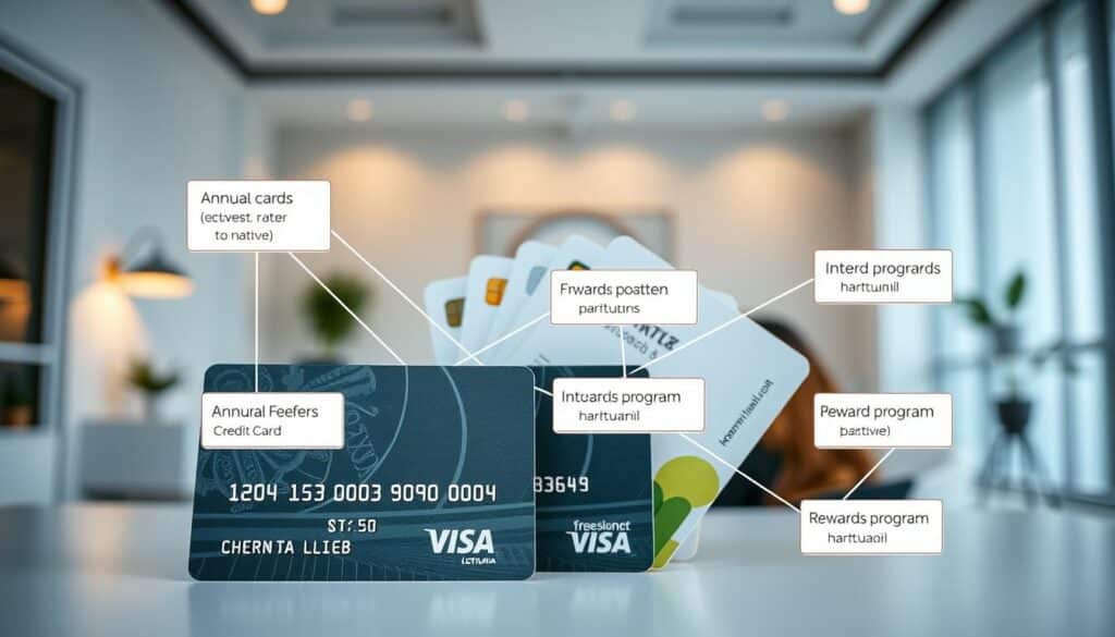 A detailed comparison of credit cards in Lithuania, showcasing their fees and conditions. The foreground features a central credit card, its details and features prominently displayed. The middle ground shows several additional cards in a fan-like arrangement, with clear labels denoting their attributes such as annual fees, interest rates, and rewards programs. The background depicts a clean, minimalist office setting with simple furnishings and a subtle grid pattern to convey a sense of organization and professionalism. The lighting is soft and diffused, creating a warm, inviting atmosphere that highlights the comparative aspects of the credit cards. The overall composition is balanced and visually appealing, making it an ideal illustration for the article section on credit card comparisons in Lithuania.