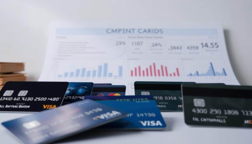 A detailed comparison of credit cards set against a clean, minimal background. In the foreground, several credit cards are neatly arranged, their shapes and colors distinct. In the middle ground, financial data and graphs illustrate key features and metrics, allowing for an objective analysis. The lighting is soft and diffused, creating a professional, informative atmosphere. The angle is slightly elevated, giving a sense of overview and organization. The color palette is muted and sophisticated, with a focus on blues, grays, and metallics to convey the financial nature of the subject matter.