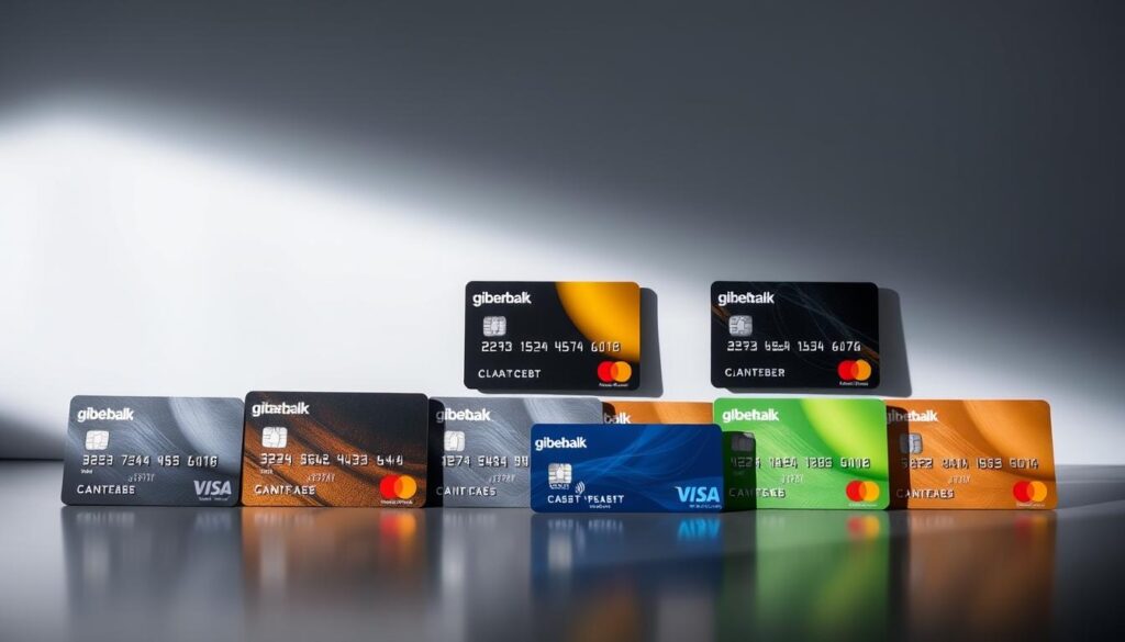 A detailed comparison of popular cashback credit cards, showcased against a sleek, minimalist background. The cards are arranged in a grid, their designs and key features prominently displayed. Subtle highlights and shadows emphasize the textures and materials of the cards. The lighting is soft and directional, creating a sense of depth and focus. The overall atmosphere is professional and informative, inviting the viewer to closely examine and compare the different cashback options.
