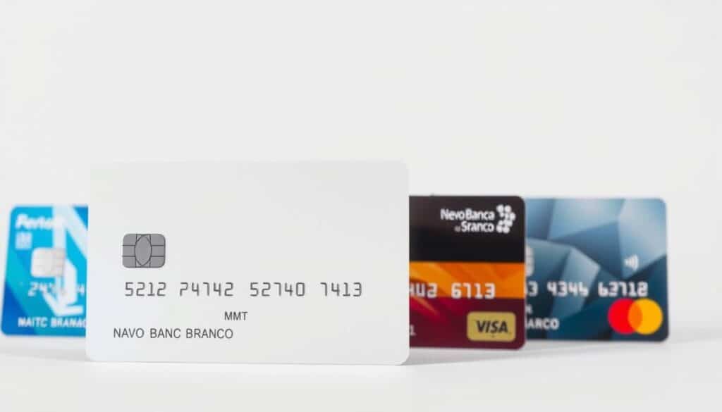 A detailed comparison of the Novo Banco Branco credit card with other cards, showcased in a well-lit, high-resolution image. The foreground features the Novo Banco Branco card prominently displayed, with its sleek, minimalist design and clean, white aesthetic. The middle ground includes a selection of other credit cards, each with its own distinctive style and features, allowing for a side-by-side visual comparison. The background is a clean, neutral setting, maintaining the focus on the cards and their distinguishing characteristics. The overall mood is one of clarity and objectivity, inviting the viewer to thoughtfully evaluate the differences between the Novo Banco Branco and its competitors. A detailed comparison of the Novo Banco Branco credit card with other cards, showcased in a well-lit, high-resolution image. The foreground features the Novo Banco Branco card prominently displayed, with its sleek, minimalist design and clean, white aesthetic. The middle ground includes a selection of other credit cards, each with its own distinctive style and features, allowing for a side-by-side visual comparison. The background is a clean, neutral setting, maintaining the focus on the cards and their distinguishing characteristics. The overall mood is one of clarity and objectivity, inviting the viewer to thoughtfully evaluate the differences between the Novo Banco Branco and its competitors.