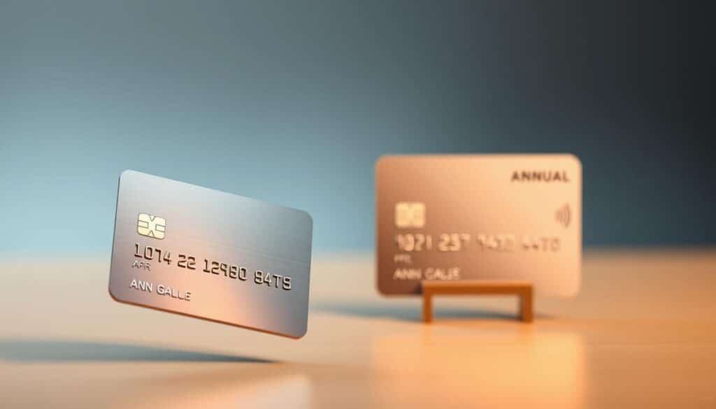 A detailed credit card comparison illustration, depicting two distinct financial products. In the foreground, a sleek metallic credit card with a low annual percentage rate (APR) hovers, reflecting a warm, muted light. In the middle ground, another card with a minimal annual fee stands upright, bathed in a cool, diffused glow. The background fades into a subtle gradient, evoking the balance between interest rates and annual fees when selecting the optimal credit card. The composition highlights the key decision factors of "low interest" versus "low annual fee," guiding the viewer's focus toward the core financial considerations. The overall mood is one of thoughtful financial planning and informed decision-making.