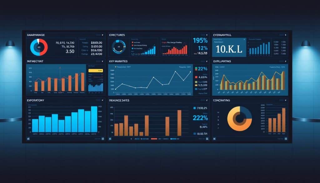 A detailed data visualization dashboard depicting a comprehensive financial analysis. The foreground showcases various interactive charts, graphs, and infographics displaying key performance indicators such as revenue, expenses, profit margins, and cash flow. The middle ground features a large, central data visualization that provides an overview of the financial data. The background has a minimalist, corporate aesthetic with subtle grid lines and subtle lighting to create depth and focus the viewer's attention on the data visualizations. The overall mood is professional, data-driven, and tailored to the needs of the financial management section of the article.