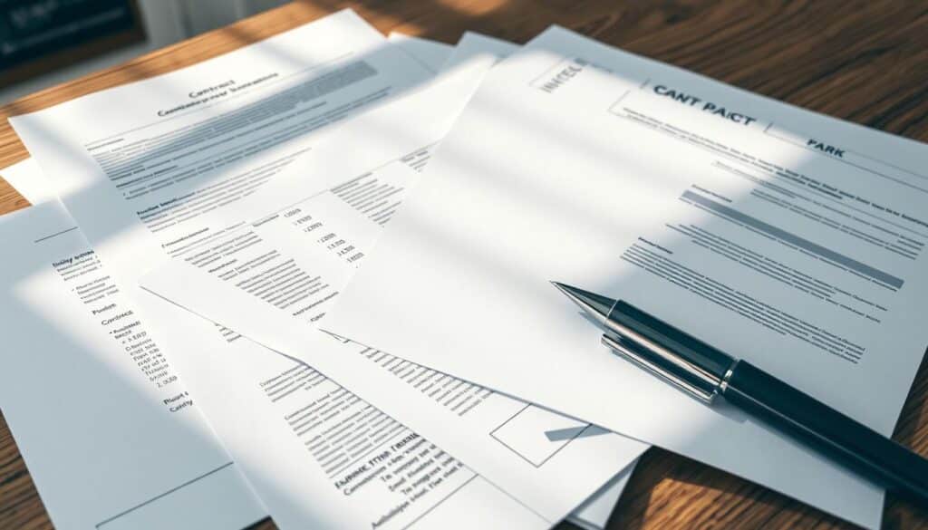 A detailed document pile with various forms, contracts, and financial statements resting on a wooden desk. The lighting is soft and natural, casting gentle shadows that add depth and dimension. The scene has a professional, organized atmosphere, conveying the seriousness and importance of the credit application process. The documents are neatly arranged, reflecting the care and attention required to successfully navigate the credit procedure. The overall composition suggests the careful preparation and attention to detail necessary to secure a favorable loan.