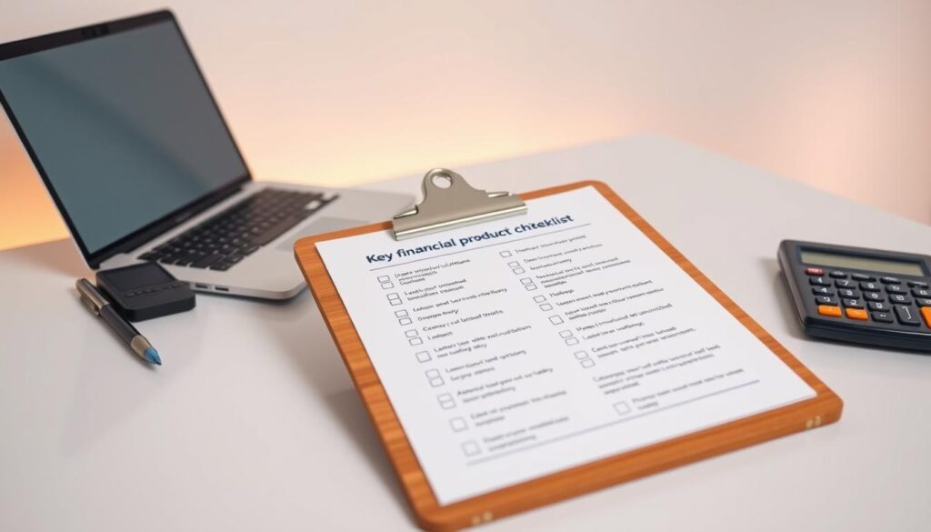 A detailed financial checklist displayed on a modern, minimalist desk setup. The foreground shows a wooden clipboard with a checklist of key financial product criteria neatly laid out. The middle ground features a laptop, a pen, and a calculator, conveying a professional, organized workspace. The background has a clean, white wall with subtle, warm lighting, creating a focused, productive atmosphere. The overall composition emphasizes the importance of thoroughly reviewing financial products before making a decision, in line with the article's subject and section title.