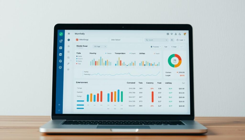 A detailed financial dashboard displayed on a laptop screen, showcasing monthly expense tracking. The dashboard features interactive graphs, colorful pie charts, and clear categorization of various spending areas such as housing, transportation, utilities, and entertainment. The layout is clean and organized, with a neutral color scheme that promotes focus and clarity. Soft, diffused lighting illuminates the scene, creating a professional and business-like atmosphere. The laptop is positioned on a wooden desk, with a minimal, minimalist aesthetic. The overall impression conveys the idea of diligent financial management and responsible budgeting.