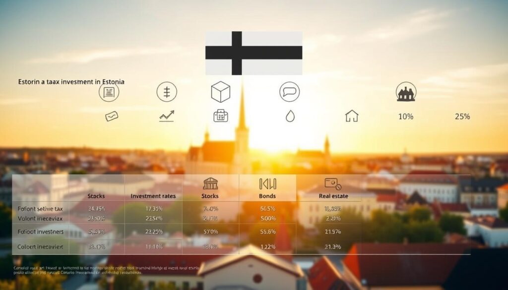 A detailed financial infographic depicting the taxation of investments in Estonia. In the foreground, a sleek, minimalist chart displaying the various investment tax categories and rates. In the middle ground, icons representing different investment vehicles (stocks, bonds, real estate) against a backdrop of the Estonian flag. In the background, a skyline of Tallinn's historic Old Town architecture, bathed in warm, golden light to convey a sense of stability and prosperity. The overall aesthetic is clean, elegant, and informative, reflecting the efficiency and transparency of Estonia's investment tax system.