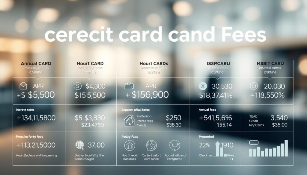 A detailed financial infographic showcasing the annual interest rates and fees associated with credit cards. The foreground features a clean, minimalist design with precise numerical data and icons representing key factors like APR, annual fees, and other charges. The middle ground provides additional context through simple, easy-to-understand visualizations. The background subtly conveys a professional, corporate atmosphere with a soft focus and muted color palette, allowing the financial information to take center stage. The overall mood is informative, data-driven, and visually appealing, tailored to effectively illustrate the important considerations when selecting a credit card.